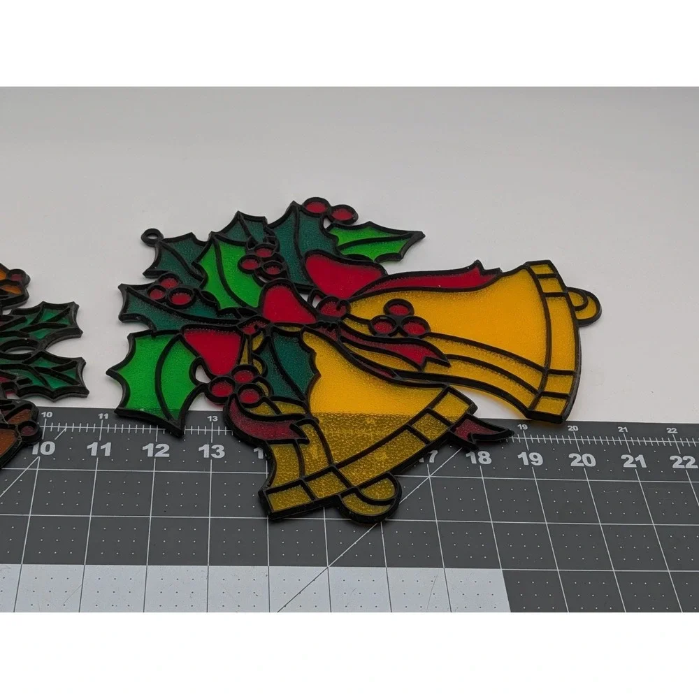 Plastic‎ Christmas Stained Window Hanging 11 Inch Candle Doves Bells Holly